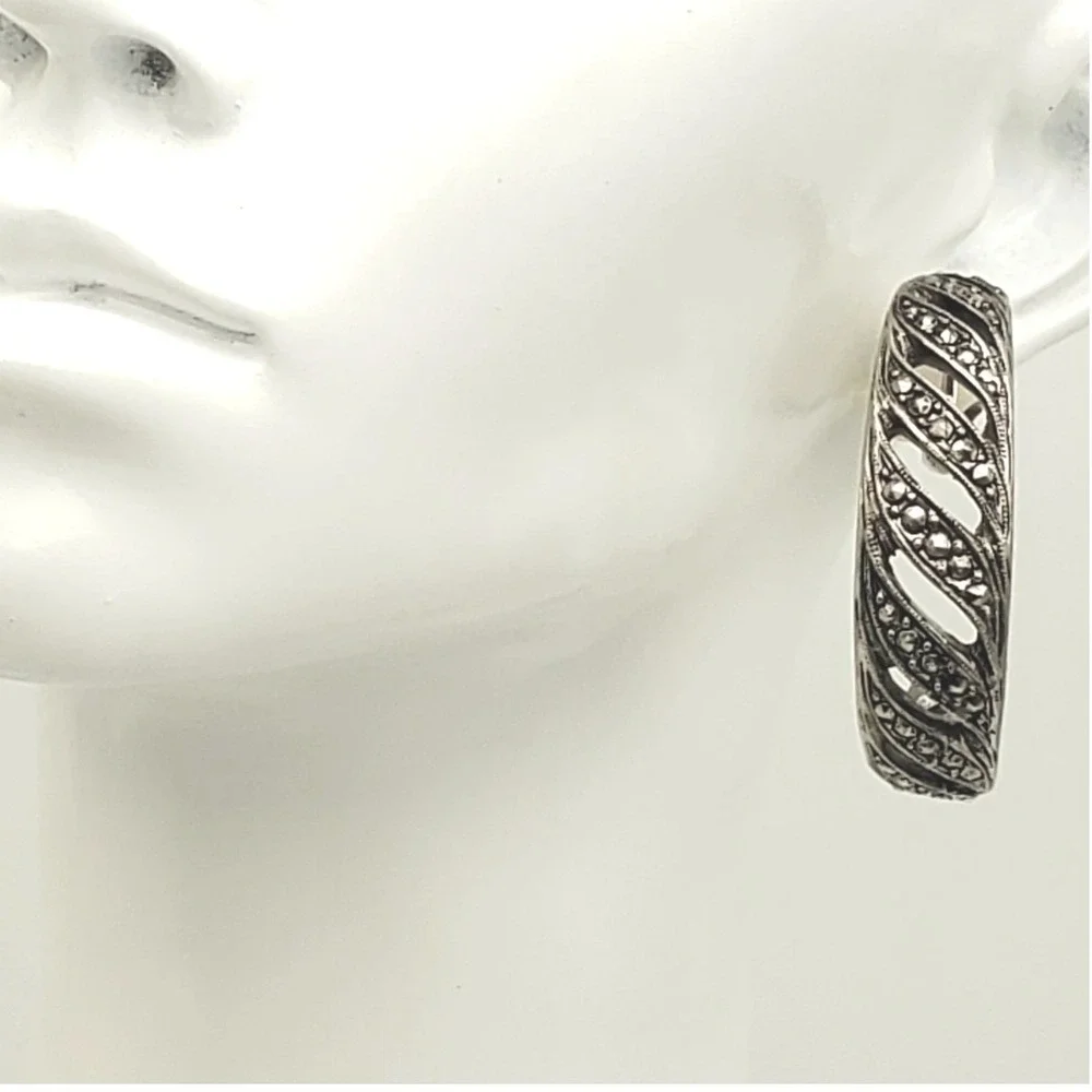 Avon Hoop Earrings Silver Tone Faux Marcasite Clip On Openwork Timeless Style 92
